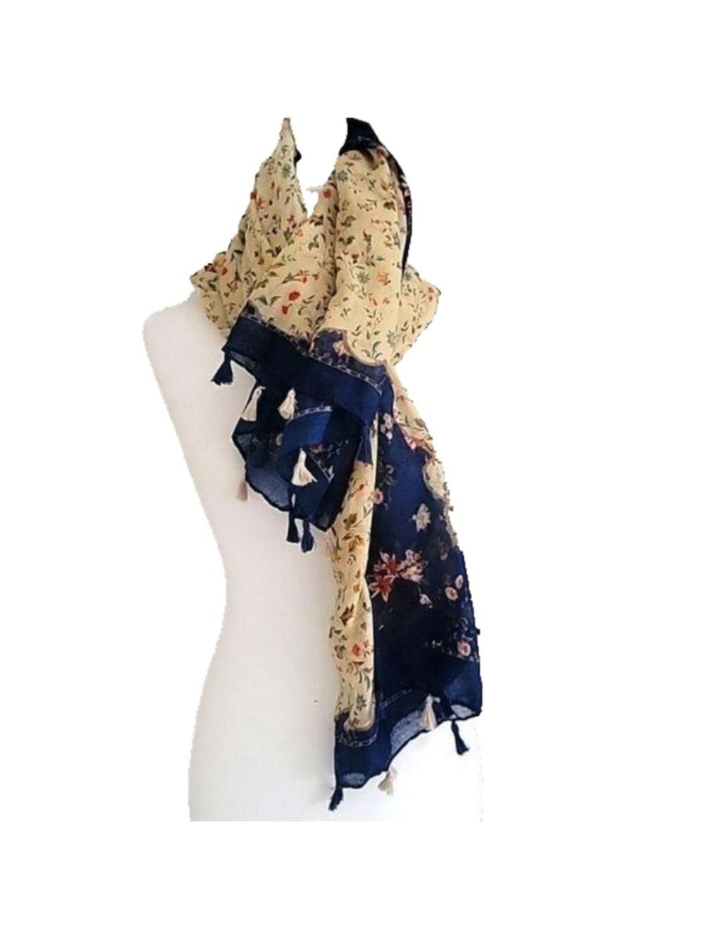 Beautiful floral cream and navy shaw or neck wrap beach coverup